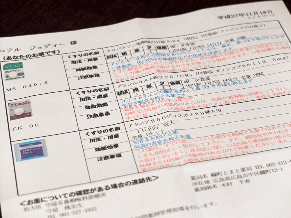 Le document récapitulatif des médicaments à prendre, Japon