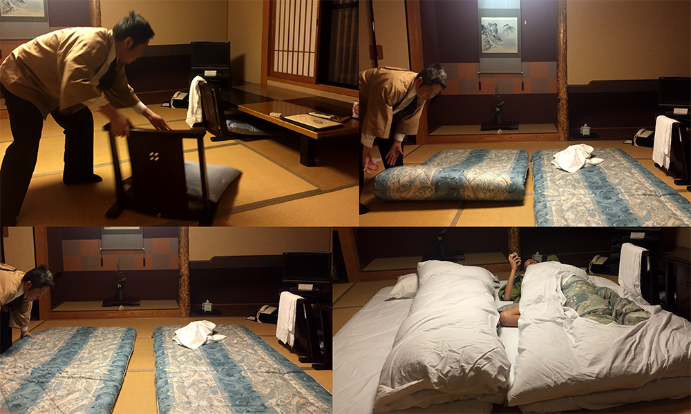 Installation des futons au ryokan